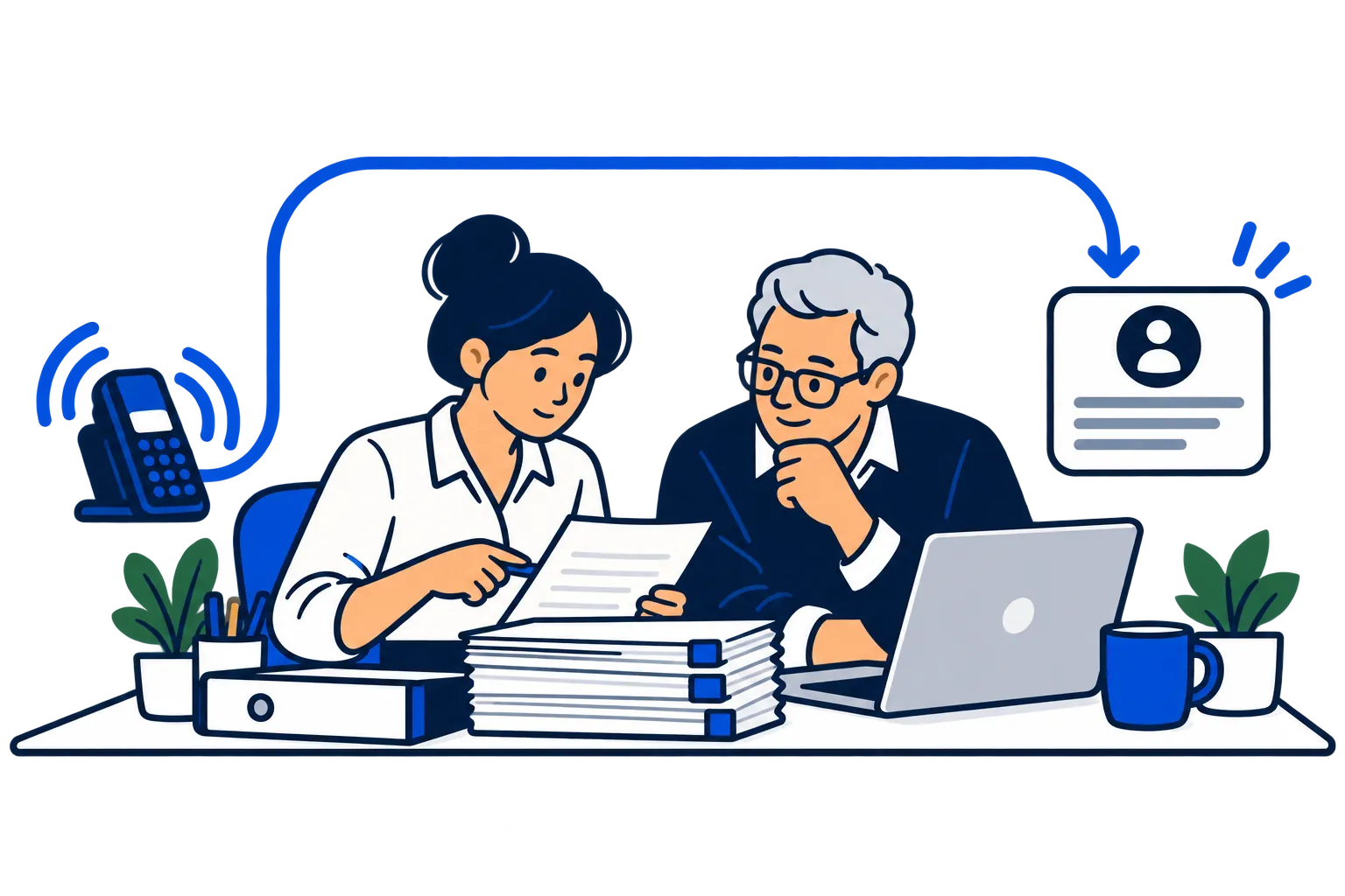 Accountancy colleagues review documents while a business call leads to an enquiry card.