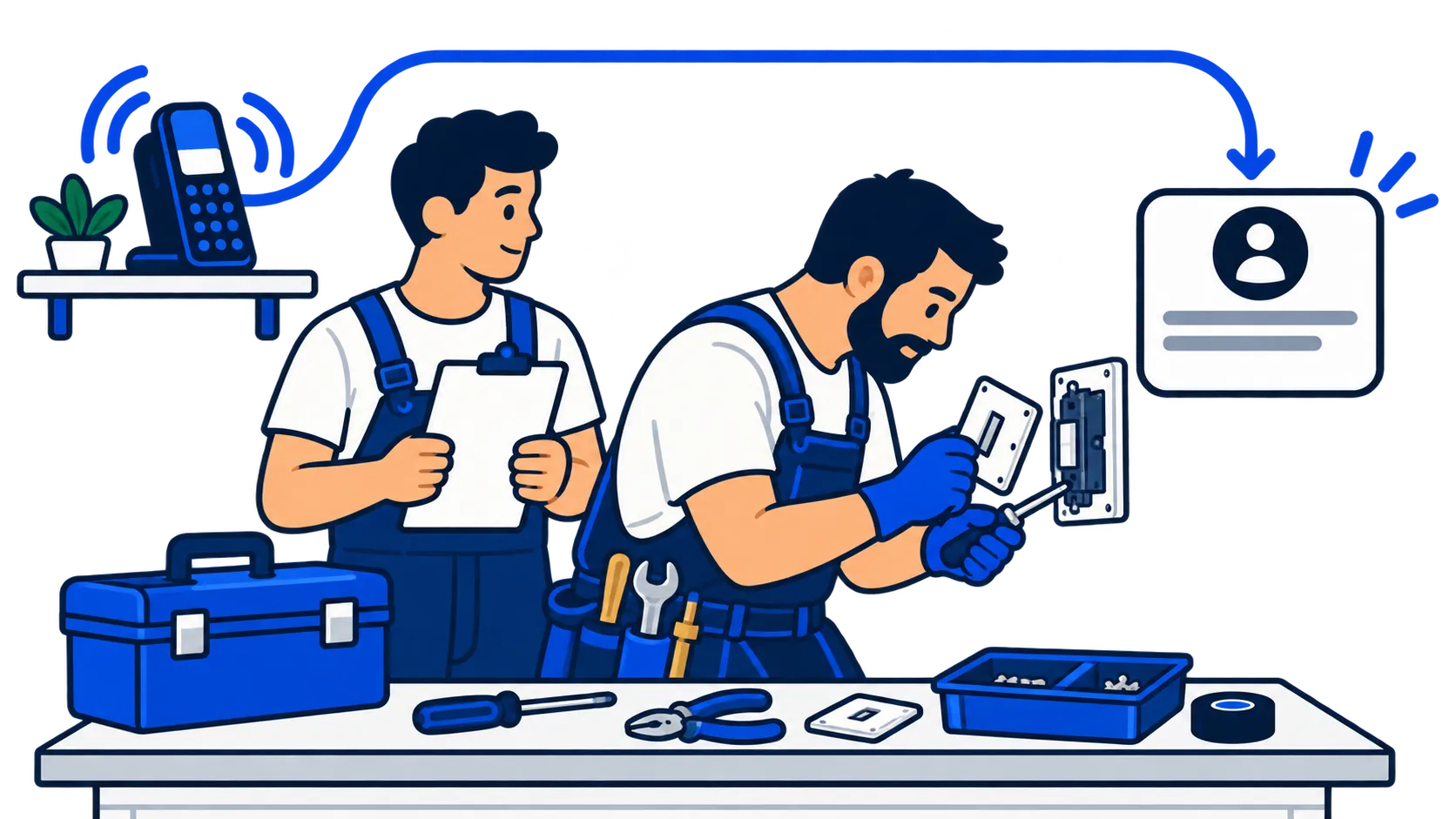 Electricians work on a fixture while a business call leads to an enquiry card.