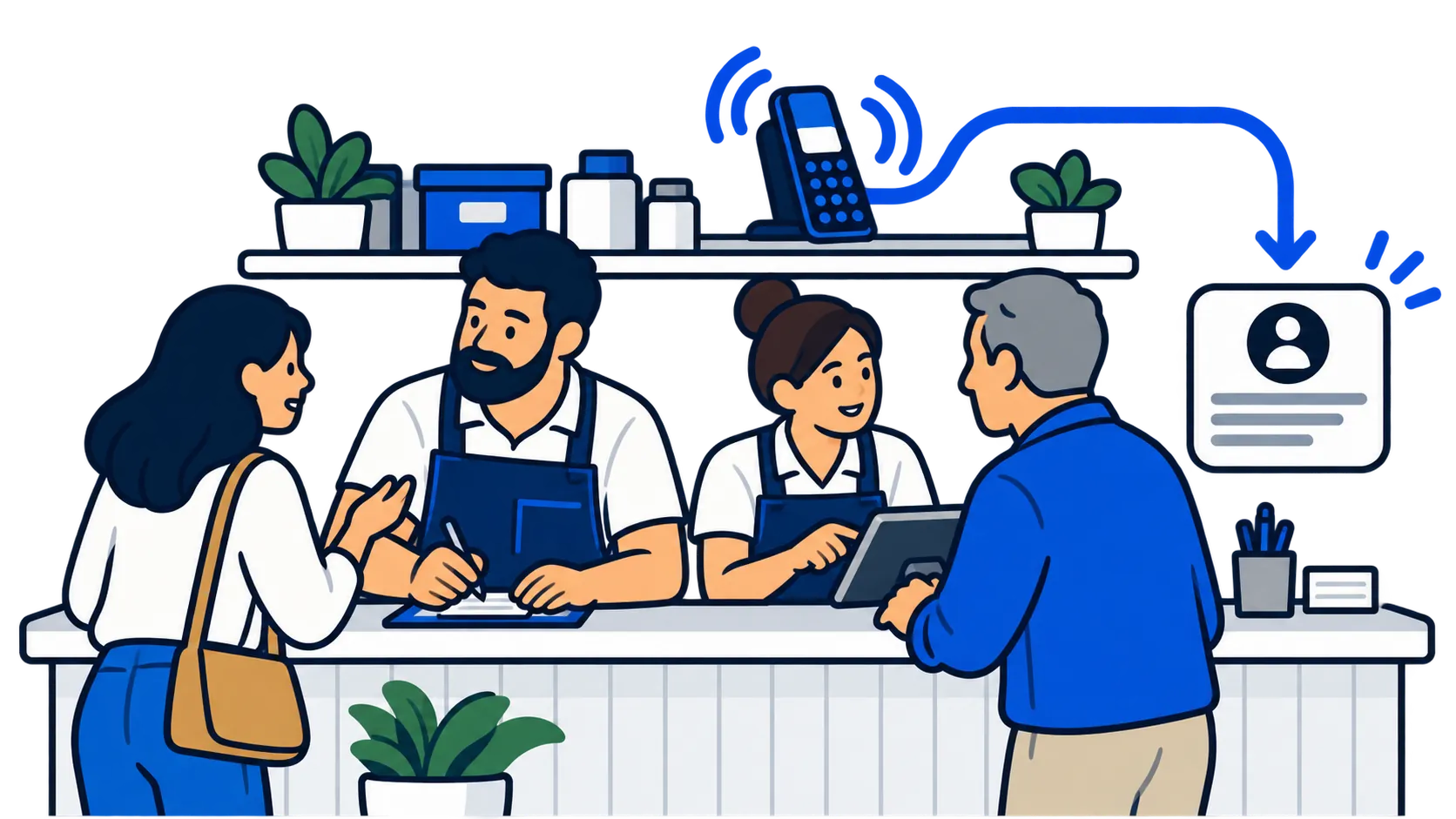 A team serves people in person while an additional phone call becomes an enquiry.