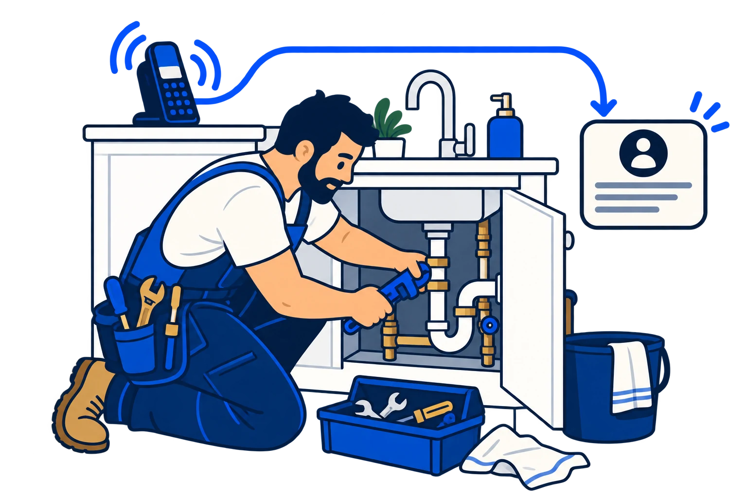 A plumber works beneath a sink while a business call leads to an enquiry card.